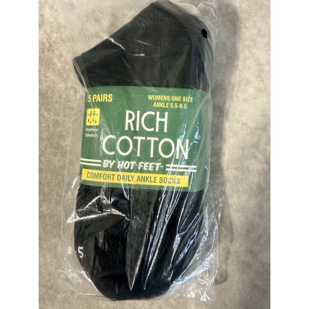 Hot Feet Ankle Socks Womens OS Black NEW 5 Pairs Rich Cotton Moisture Wicking